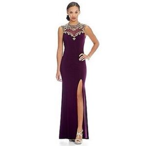 BETSY & ADAM Purple Beaded Open Back Long Gown